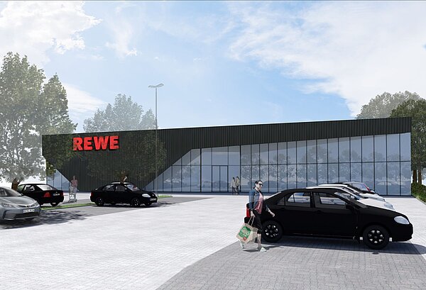 Rewe Modell Außenfassade mit Parkplatz Rewe Modell Außenfassade mit Parkplatz