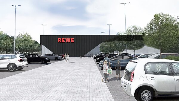 Rewe 3D-Modell auf dem Parkplatz Rewe 3D-Modell auf dem Parkplatz
