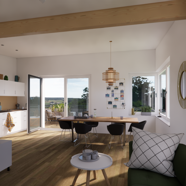 Moderne Inneneinrichtung mit Couch und Esstisch Moderne Inneneinrichtung mit Couch und Esstisch
