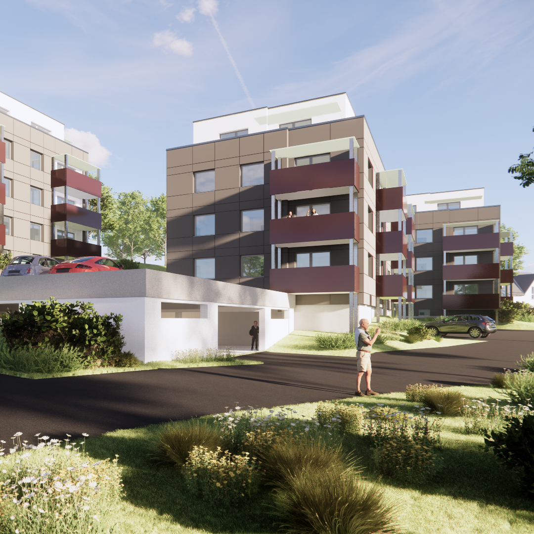 Häuserkomplex, 3D-Modell mit umliegender Landschaft
