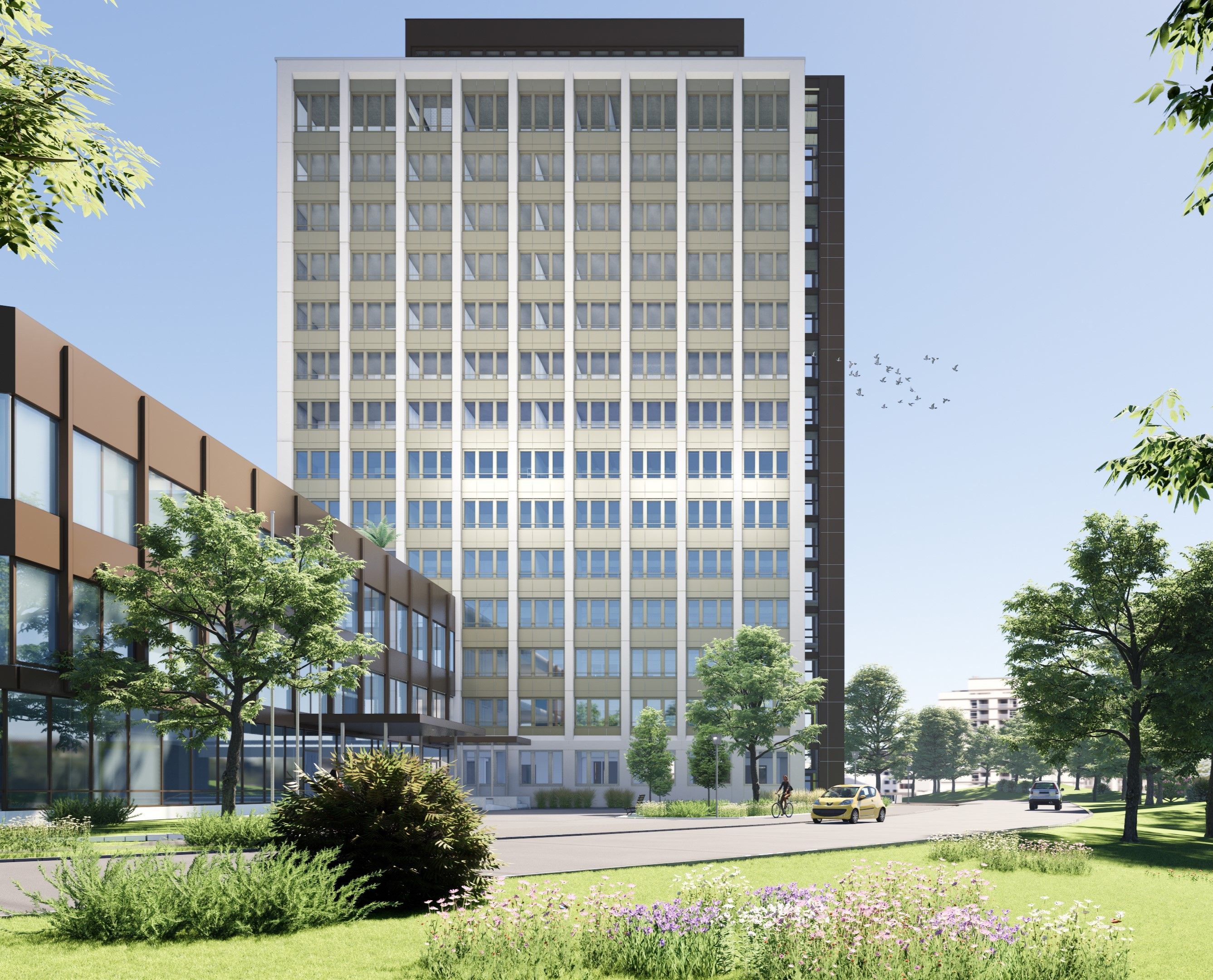 3D-Modell des Bürohochhaus mit Umgebung